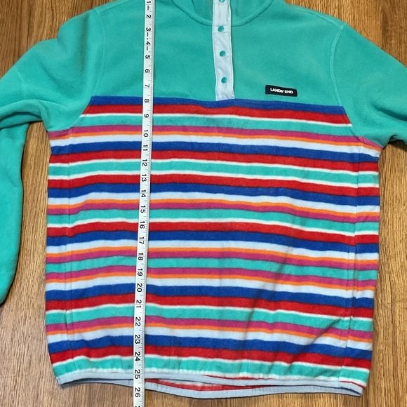 Lands' End Teal Striped Fleece Snap Neck Pullover sweater - Picture 6 of 9